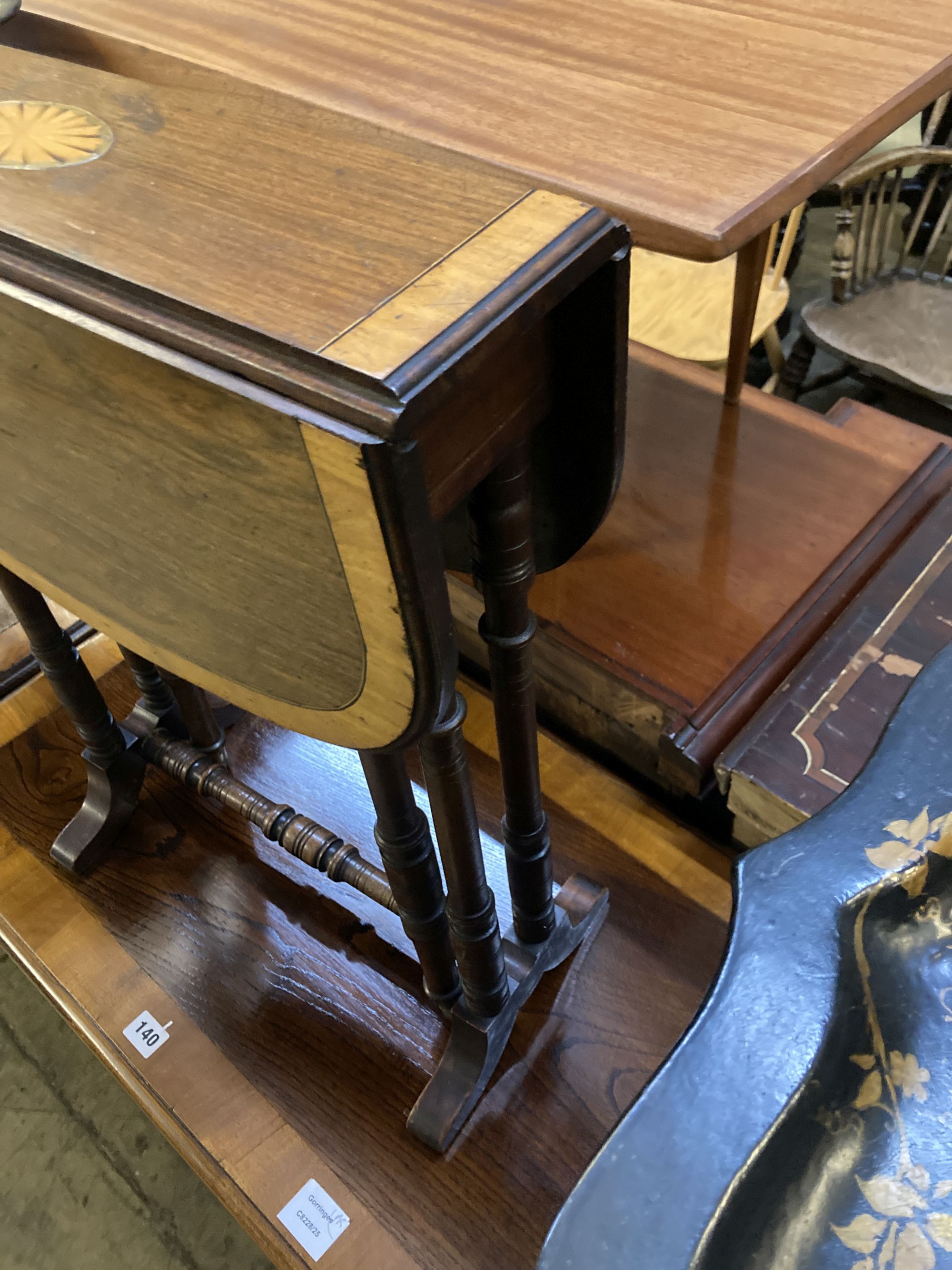 A small Victorian papier mache tray top table, width 64cm, depth 50cm, height 50cm together with an Edwardian inlaid Sutherland table